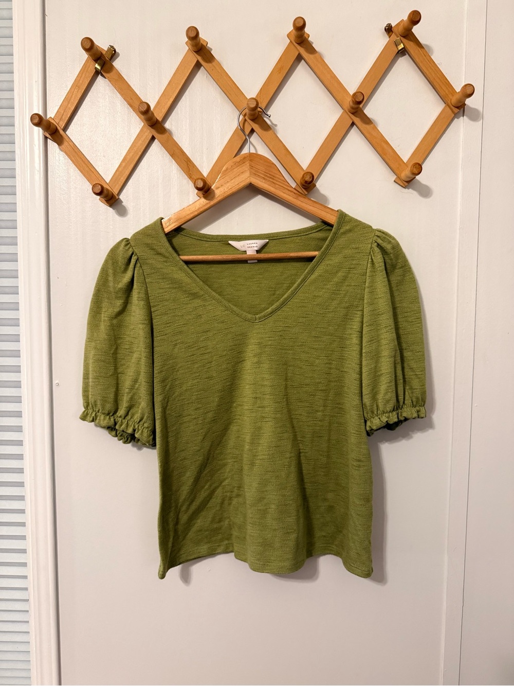 LC Lauren Conrad Olive Green V-Neck Puff Sleeve Top